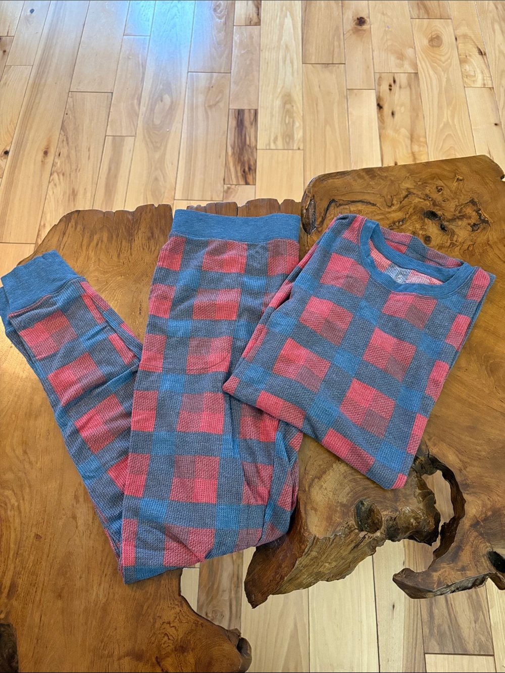 Cuddl Duds Blue and Pink Plaid Thermal Pajama Set